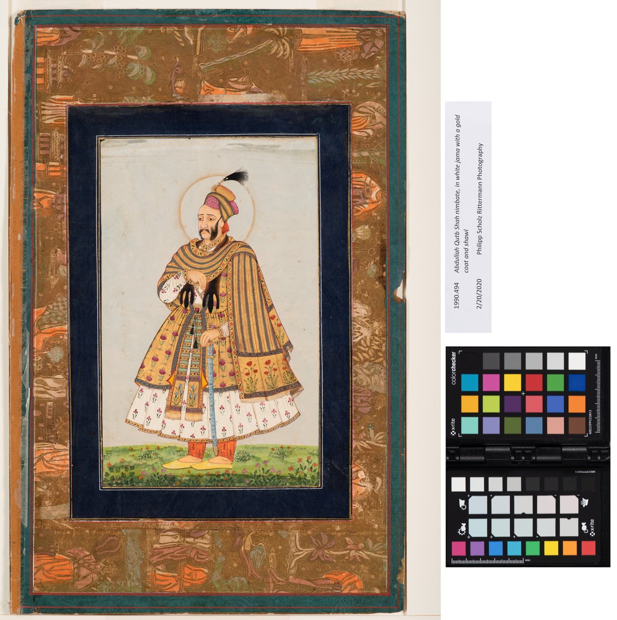 阿卜杜拉·库特沙（Abdullah Qutb Shah nimbate），白色jama，配以金色外套和披肩，约1680年（纸上不透明水彩和金色） 作者 印度学校