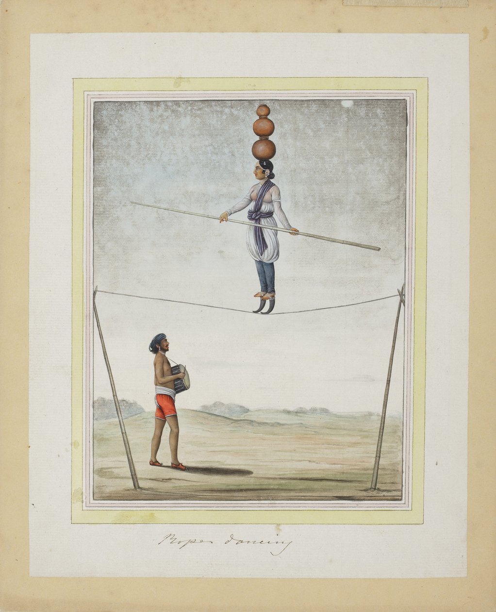 走钢丝的Acrobat，鼓手下面，1820（纸上不透明的wc） 作者 印度学校