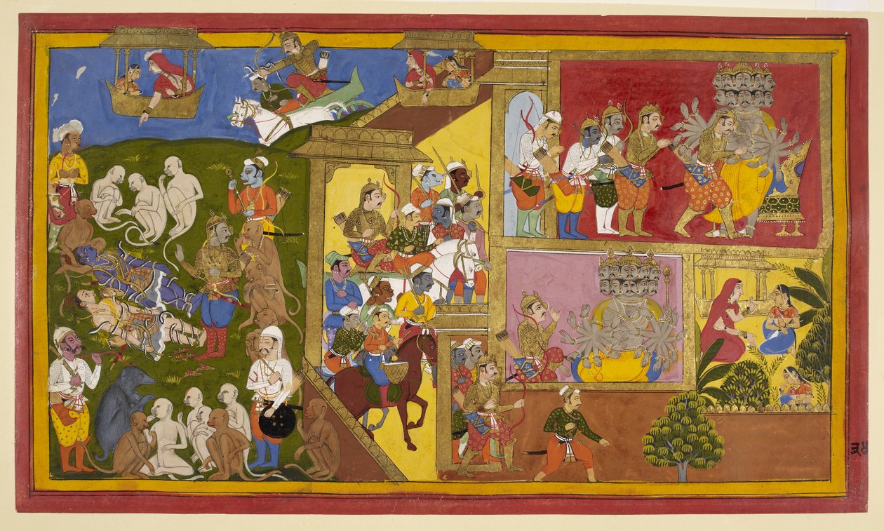 Add.15297(1)，f.34 Sahibdin and workshop，Rama and Lakshmana Bound，选自 "Mewar Ramayana"（《梅瓦尔罗摩衍那》）。 作者 印度学校