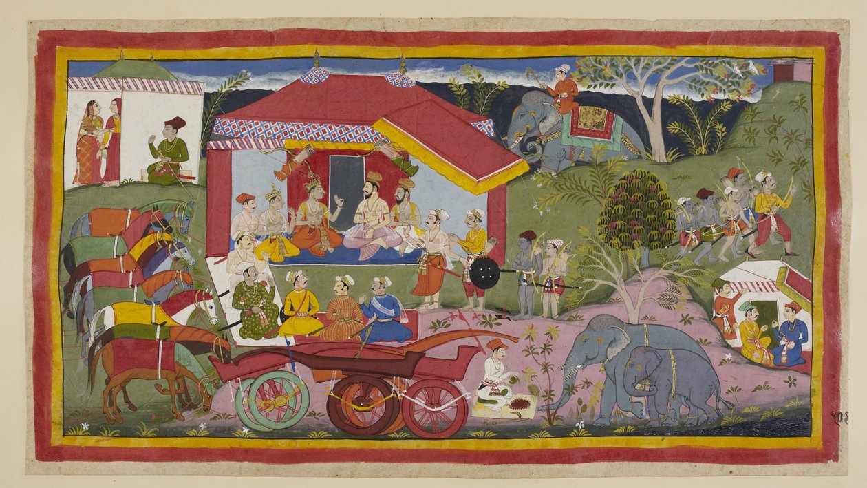Add 15296 (1) f.104r，在一个营地场景中，尼沙达克古哈被引入王子、婆罗门和大臣们的会议中。没有从战车上卸下缰绳的马匹拴在一起，蹒跚地站成一排，一名马夫正在准备火药。 作者 印度学校