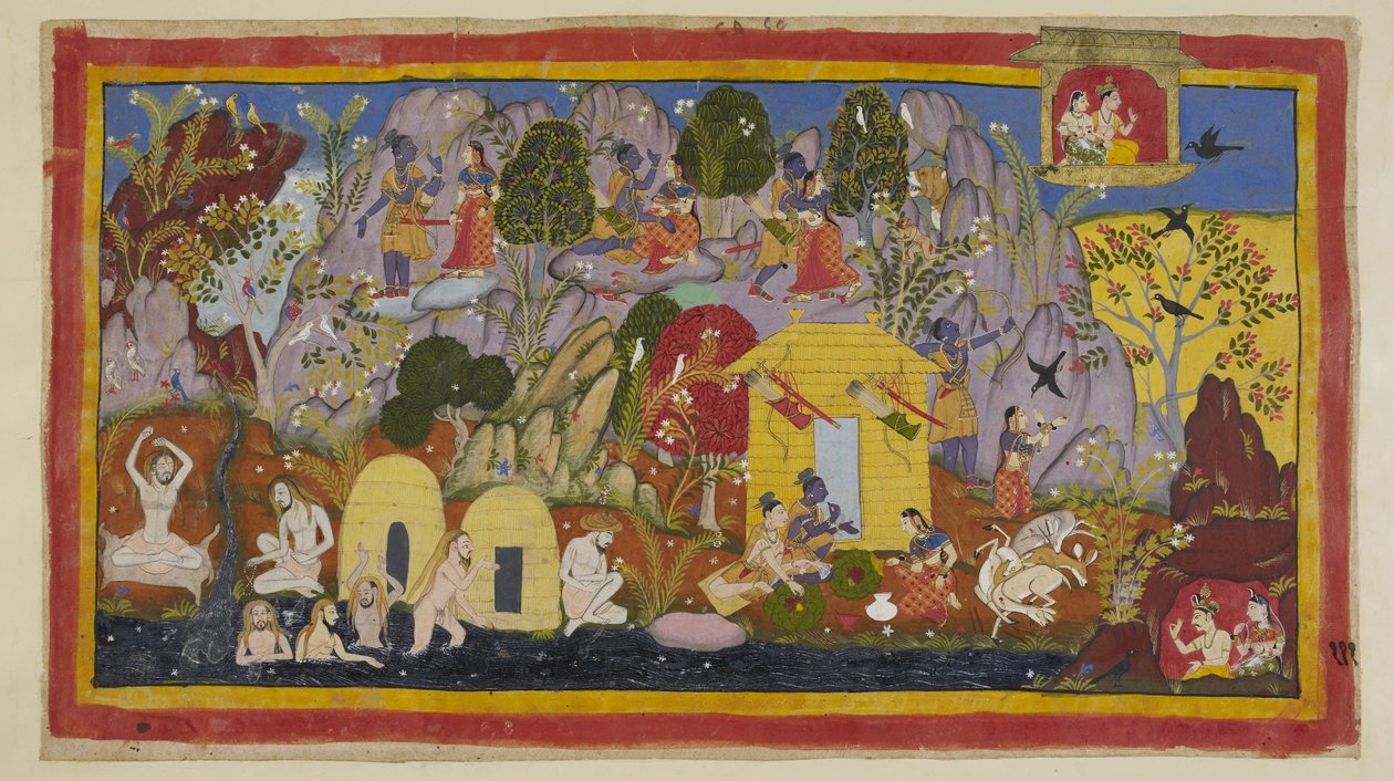 Add 15296 (1) f.111r，与此同时，流亡者在 Citrakuta 山上的住所一切安宁。拉玛向西塔介绍了这里的美景--各种可爱的树木和鸟类、宝石和矿物镶嵌的岩石以及曼达基纳河。 作者 印度学校