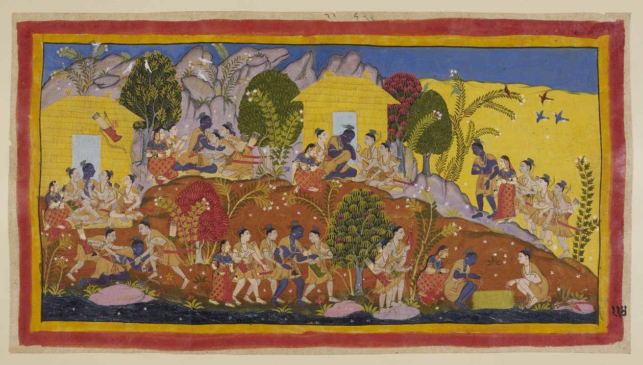 Add 15296 (1) f.114r，在中央上方，巴拉塔和沙特鲁格纳扑到了罗摩的脚下，罗摩拥抱了他的弟弟们，并闻了闻他们的头。拉玛将他们抱在膝上，询问他们和他们父亲的安危，并将他们的头放在自己的腿上。 作者 印度学校