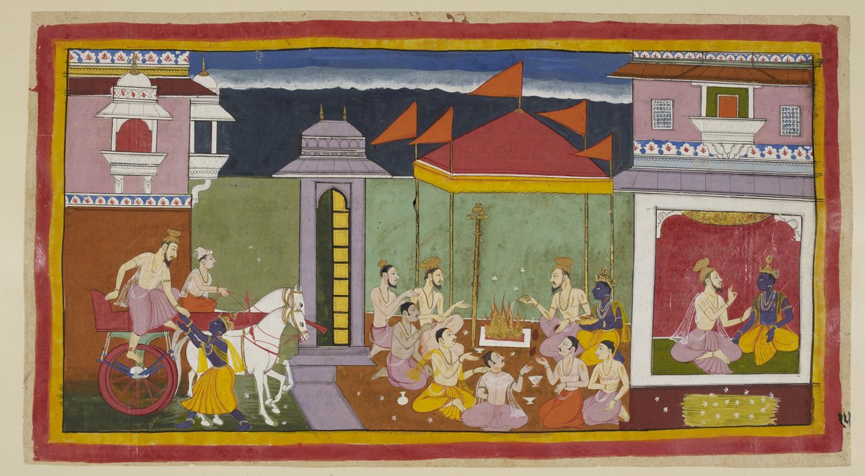 Add 15296 (1) f.15r，左边是瓦西沙来到拉玛的宫殿，在拉玛的帮助下从战车上下来，右边是与拉玛坐在一起，建议他按照国王的指示在当晚禁食。为罗摩和西特准备的一堆库萨草 作者 印度学校