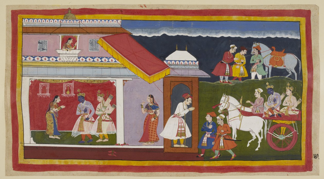 Add 15296 (1) f.41r，在最终说服母亲和兄弟平静地接受自己的命运后，罗摩和拉克斯马纳乘坐战车返回自己的宫殿，罗摩习惯性地低着头。西塔首先从一个僻静的地方看到了他。 作者 印度学校
