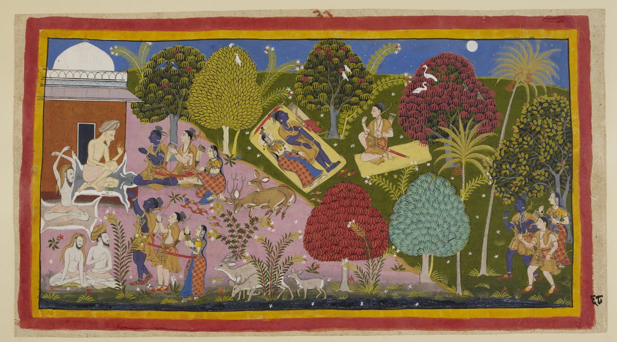 Add 15296 (1) f.68r，居中上方，三人在森林中过夜。西塔和罗摩躺在一张垫子上，罗摩的剑和弓就在旁边，而拉克斯马纳坐在他的垫子上，责备罗摩悲伤过度。在底部，他们随后前往她的 作者 印度学校