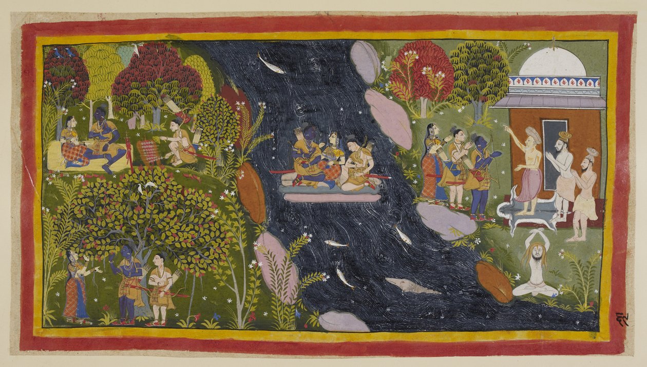 Add 15296 (1) f.69r，右边的巴拉德瓦迦在他的隐居地里，向旅行者建议前往 Citrakuta 的路。在中间，他们乘坐简易木筏渡过亚穆纳河，西塔再次向河神祈祷平安归来。 作者 印度学校