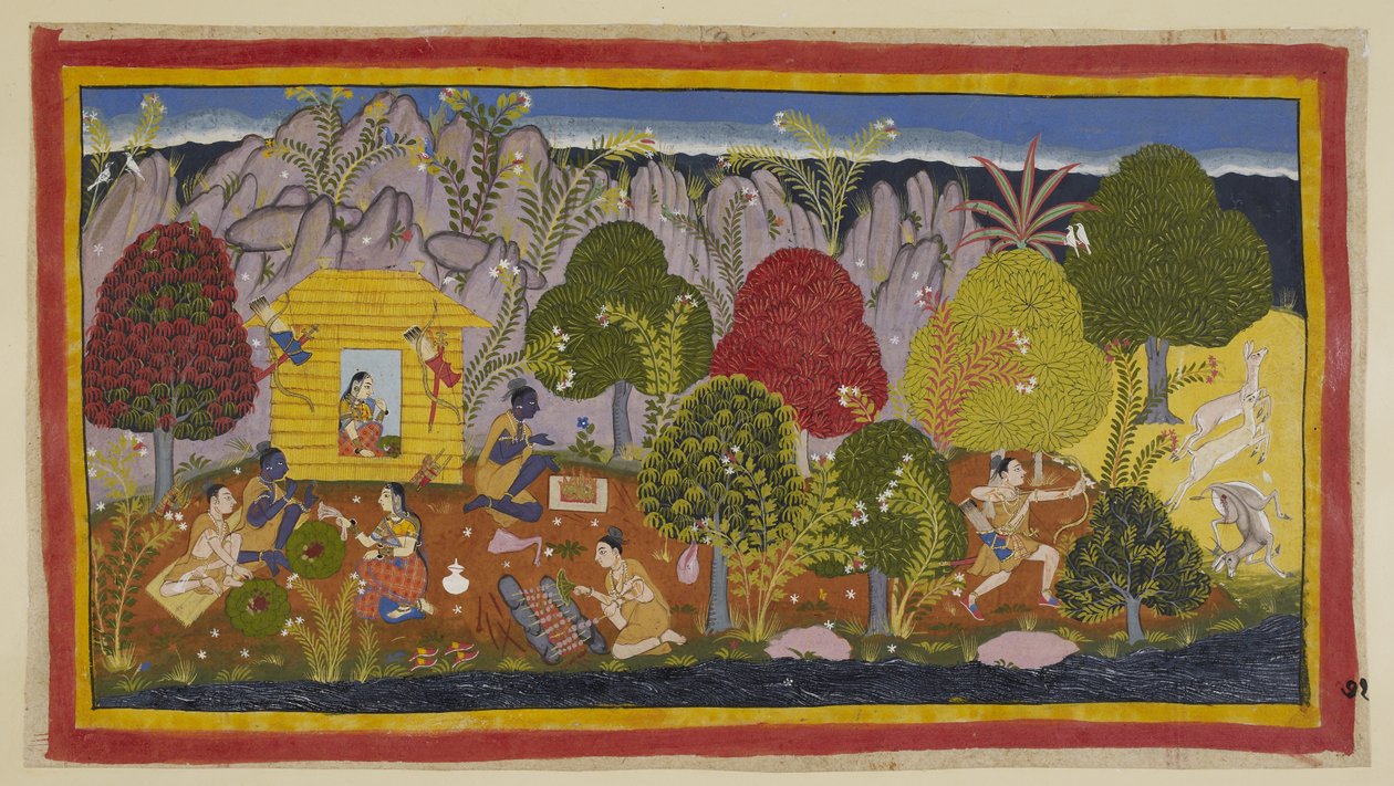 Add 15296 (1) f.71r，在他们住进小屋之前，必须向主神献祭。拉克斯马纳在右边猎鹿，然后回到小屋将鹿煮熟，拉玛将部分鹿肉作为祭品。然后兄弟俩进食，而 作者 印度学校