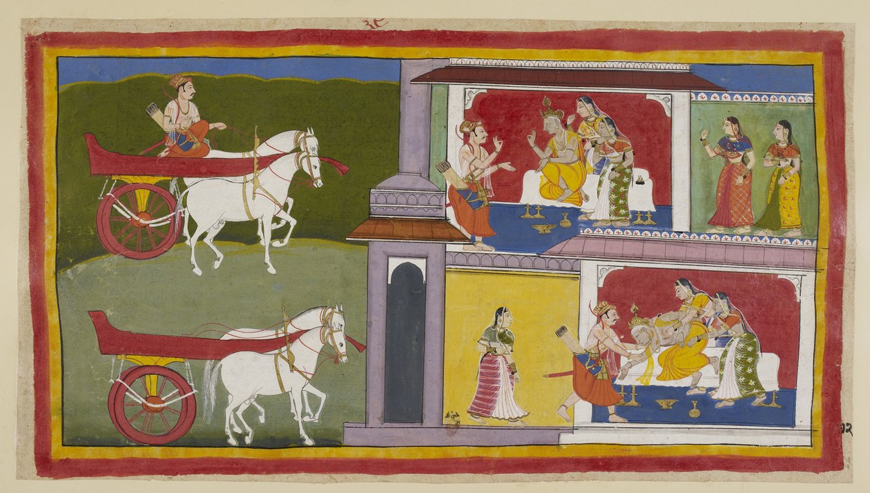 Add 15296 (1) f.72r，左边，苏曼特拉回到阿约提亚，进入宫殿向国王传达罗摩的遗言，国王与考萨亚和苏米特拉坐在一起。国王昏厥过去，被苏曼特拉和王后们抓住。 作者 印度学校