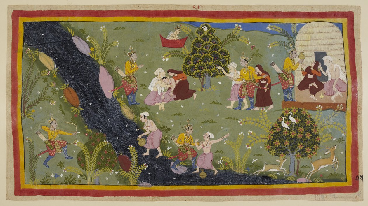添加 15296 (1) f.79r，Dasaratha 向皇后们讲述了他年轻时在狩猎时意外杀死圣人儿子的事件。 左边，达萨拉塔错误地将弓箭穿过树林瞄准了年轻人，后者正在另一边的水罐里注水 作者 印度学校