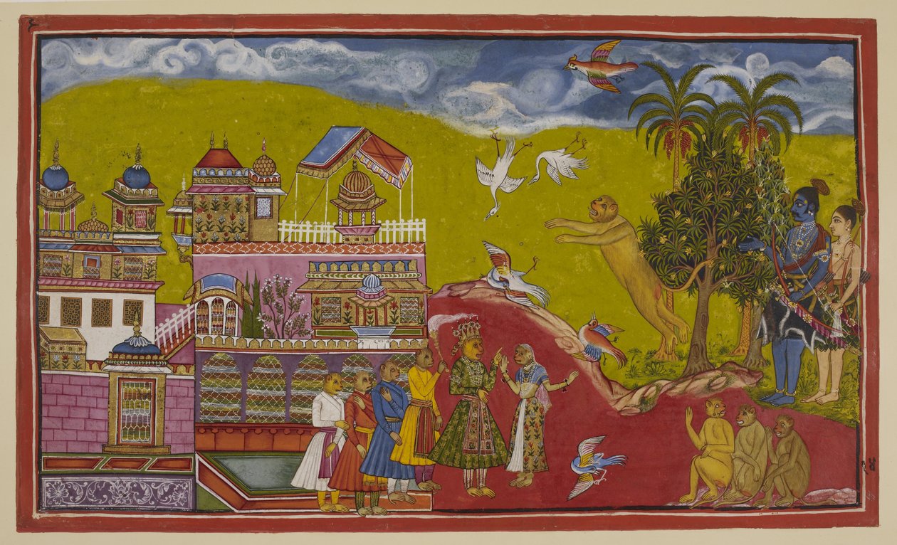 Add 15296 (2) f.14r 苏格里瓦和他的盟友来到巴厘岛基斯金达的宫殿。苏格里瓦怒吼着向他们发起挑战，鸟儿们吓得从天上掉了下来。巴利、他的王后塔拉和他的大臣们听到喧闹声后纷纷走了出来。他们 作者 印度学校
