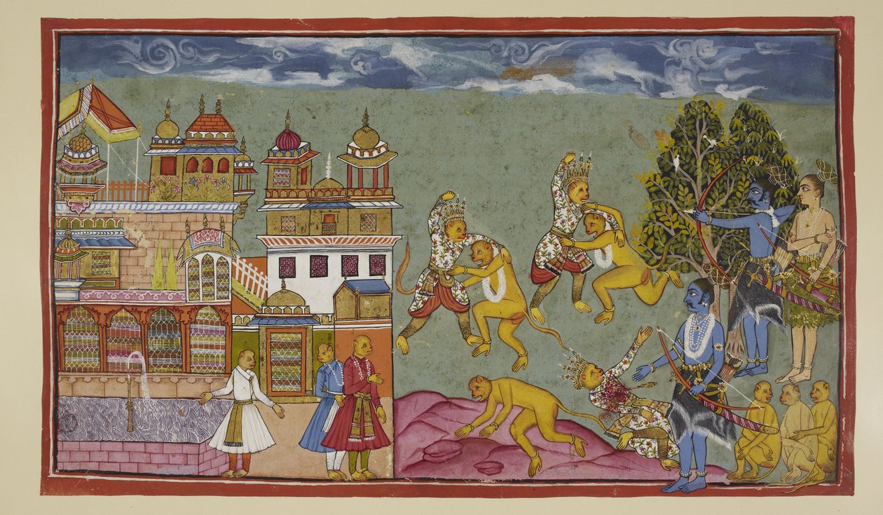 添加 15296 (2) f.18r，在宫殿外，Sugriva 和 Bali 用拳头和指甲猛烈地攻击对方，然后撕裂树木和岩石，但 Bali 更强大，Sugriva 慢慢被迫屈服。 当拉玛（Rama）看到苏格里瓦（Sugriva）正在失败时，他k 作者 印度学校