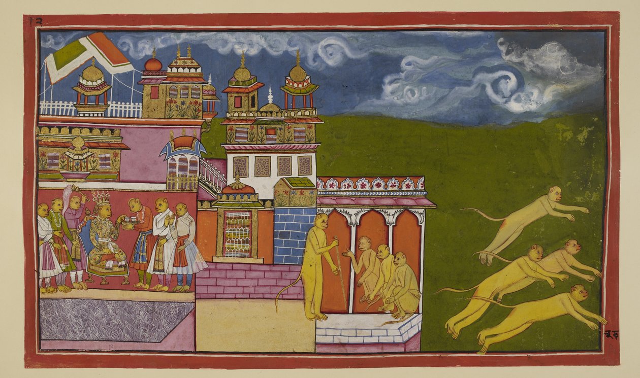 Add 15296 (2) f.36r，在这幅略微不合时宜的插图中，苏格利瓦坐在宝座上，接受侍者的饮品，哈努曼建议他平息拉克斯马纳的愤怒。在哈努曼的劝说下，苏格利瓦派出使者召唤他的 作者 印度学校