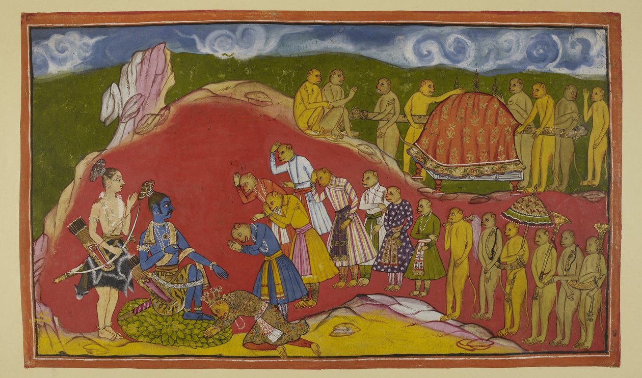 Add 15296 (2) f.44r，罗摩坐在洞穴中的莲花座上，旁边站着拉克斯马那，看到苏格里瓦带来的庞大猴子军团，喜出望外。苏格里瓦拜倒在罗摩脚下，猴子大臣们也对罗摩肃然起敬。 作者 印度学校