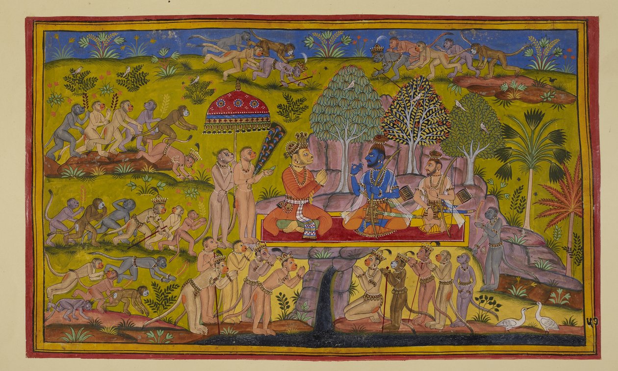 Add 15296 (2) f.57r，当苏格里瓦还在向两兄弟讲述他之前的冒险经历时，被派往东方、北方和西方的猴子回来报告说，他们的探索是徒劳的，没有发现西塔的踪迹。 作者 印度学校