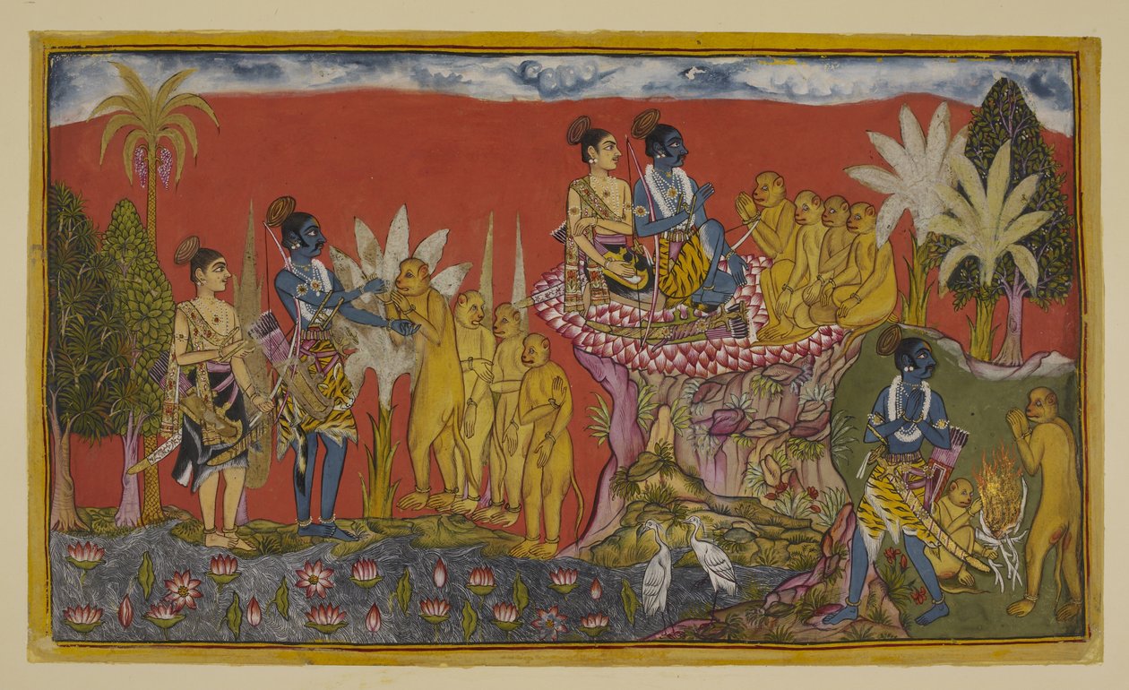 Add 15296 (2) f.5r，哈努曼现在把罗摩和拉克斯马纳带到山上的苏格里瓦面前。在拉克斯马纳和其他猴子的注视下，拉玛和苏格里瓦紧握双手，以示友好誓言；然后，两人本着同样的精神，走在一起 作者 印度学校