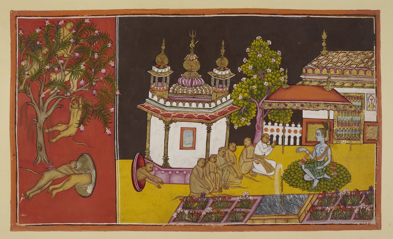 Add 15296 (2) f.61r，猴子们仍在山野中拼命寻找西塔，却发现了一个诱人洞穴的入口。在左侧的独立画面中，猴子们在洞穴小入口外的一棵开花的树上嬉戏。 作者 印度学校
