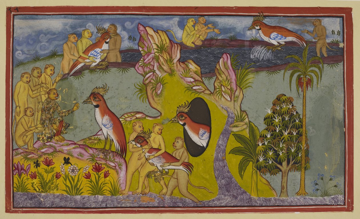 Add 15296 (2) f.68r，猴子们决定饿死在南方的海边，而不愿回去面对国王的愤怒。秃鹫国王贾塔尤的兄弟、没有翅膀的秃鹫桑帕蒂看到了它们。 作者 印度学校