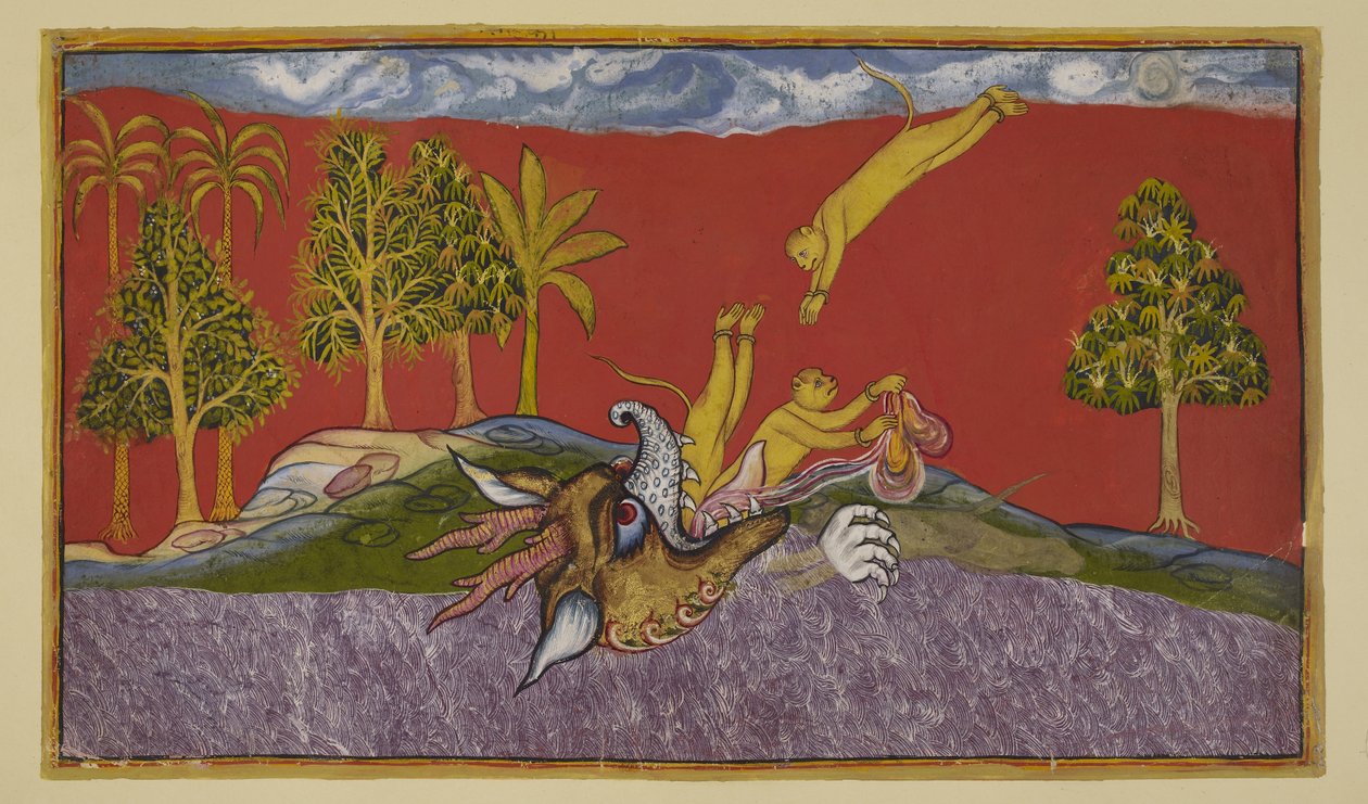 添加 15296 (2) f.87r, 哈努曼跳入女妖西迦希卡的口中 作者 印度学校