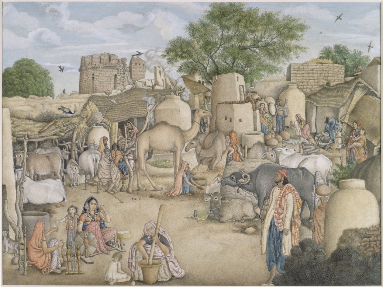 Add Or.4057 拉尼亚村的街景，约 1816-20 年（纸面水彩和水粉画） 作者 印度学校
