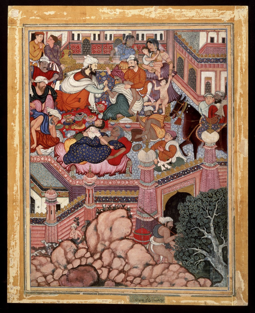 Amr，伪装成外科医生Mazmahil，对Antali的巫师实行捣蛋，约1570（不透明水彩和棉花上的金色） 作者 印度学校