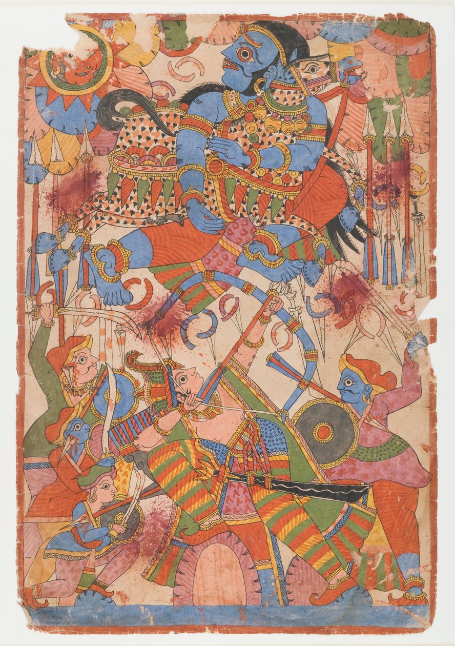 Arjunas在战斗中的英雄壮举，来自Mahabharata系列，第1830-50页（纸上的墨水和颜色） 作者 印度学校