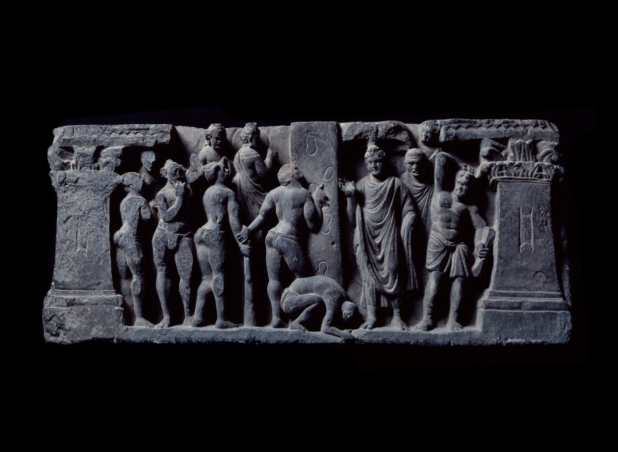 Art of Gandhara (or Greco-Buddhism): “” Devadatta archers attack Gautama”” (bowmen of Devatta attack Gautama Buddha) Relief of the Gandhara School - 2nd to 4th century - Indian Museum, Calcutta India 作者 印度学校