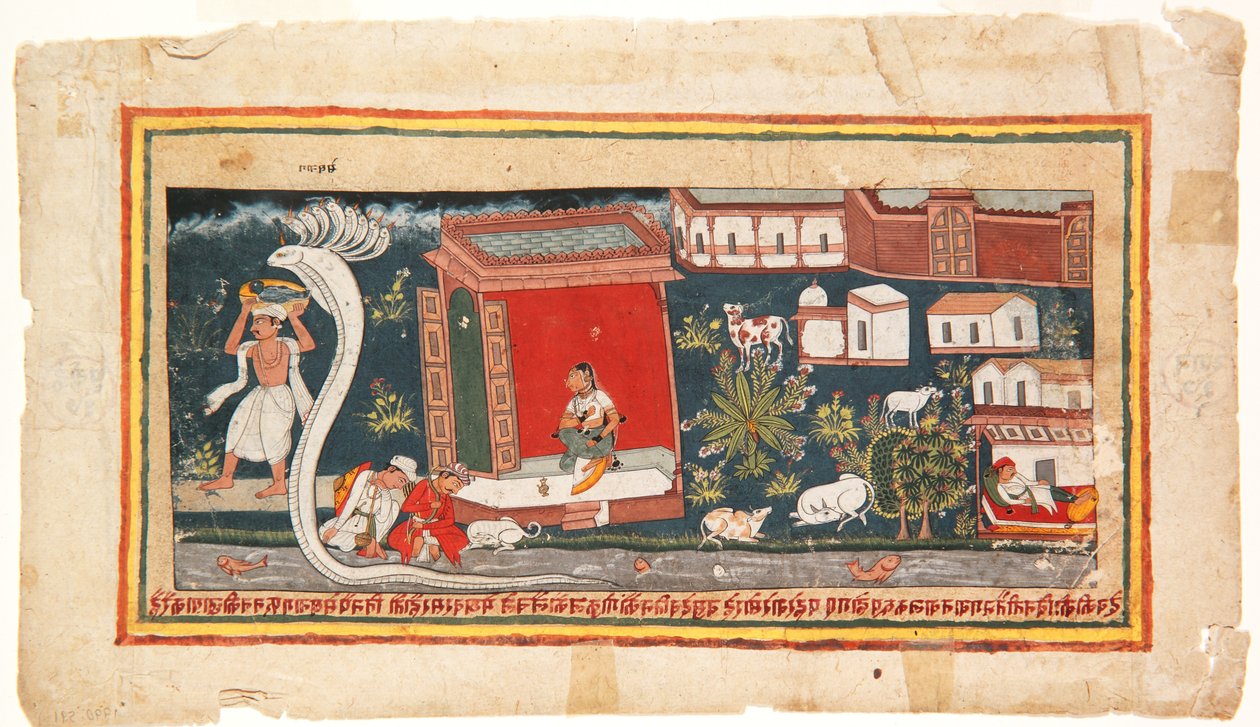 婴儿克里希纳被带到安全，1600-25（纸上不透明的wc） 作者 印度学校