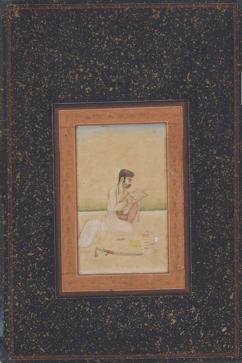 戴着眼镜的画家Behzad（墨水，颜色和金色在纸上） 作者 印度学校