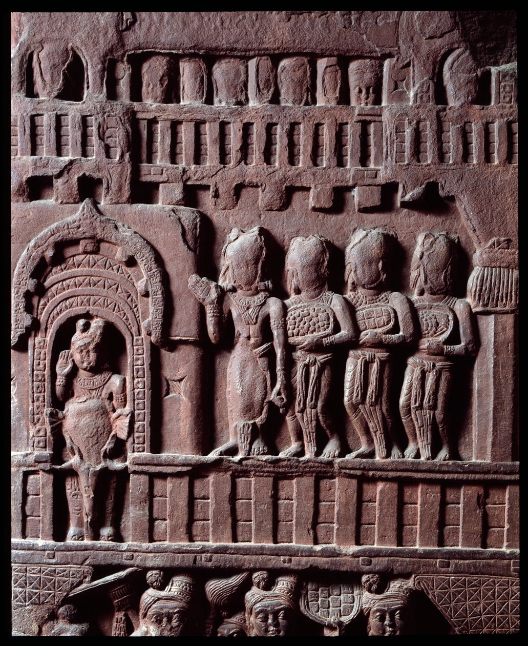 佛教：“战胜马拉的细节”（Victory over Mara）detail du stupa de Bharhut（Barhut，Barouth）黑石浮雕，公元前2世纪（公元前2世纪）-加尔各答，印度博物馆 作者 印度学校