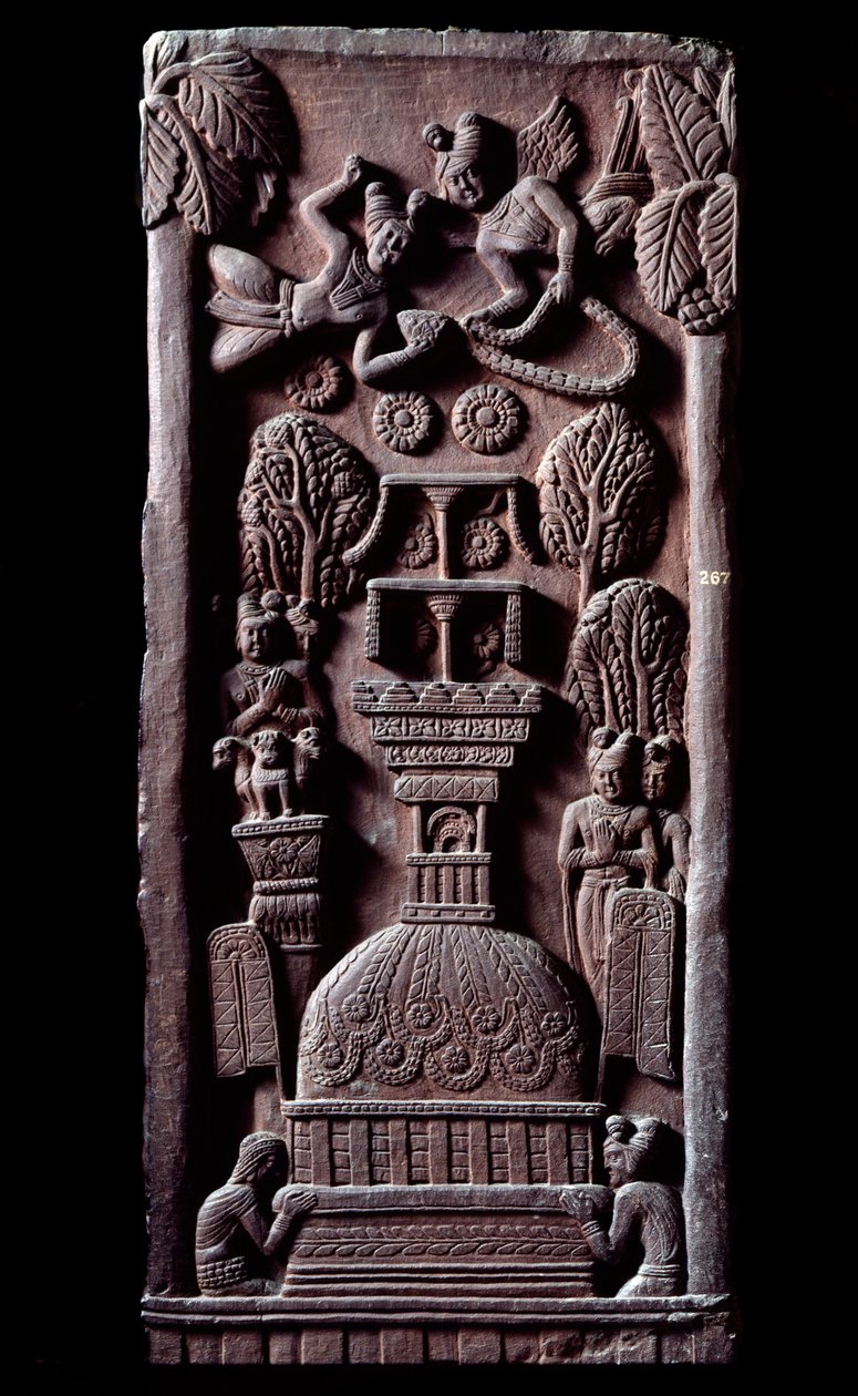 佛教。"Mahaparinirva a ou parinirvana，佛陀尘世存在的终结，达到涅槃"（Parinirvana，最后的涅槃，在佛陀的身体死亡后发生）细节du stupa de Bharhut（Barhut，Barouth） 黑色的低浮雕 作者 印度学校