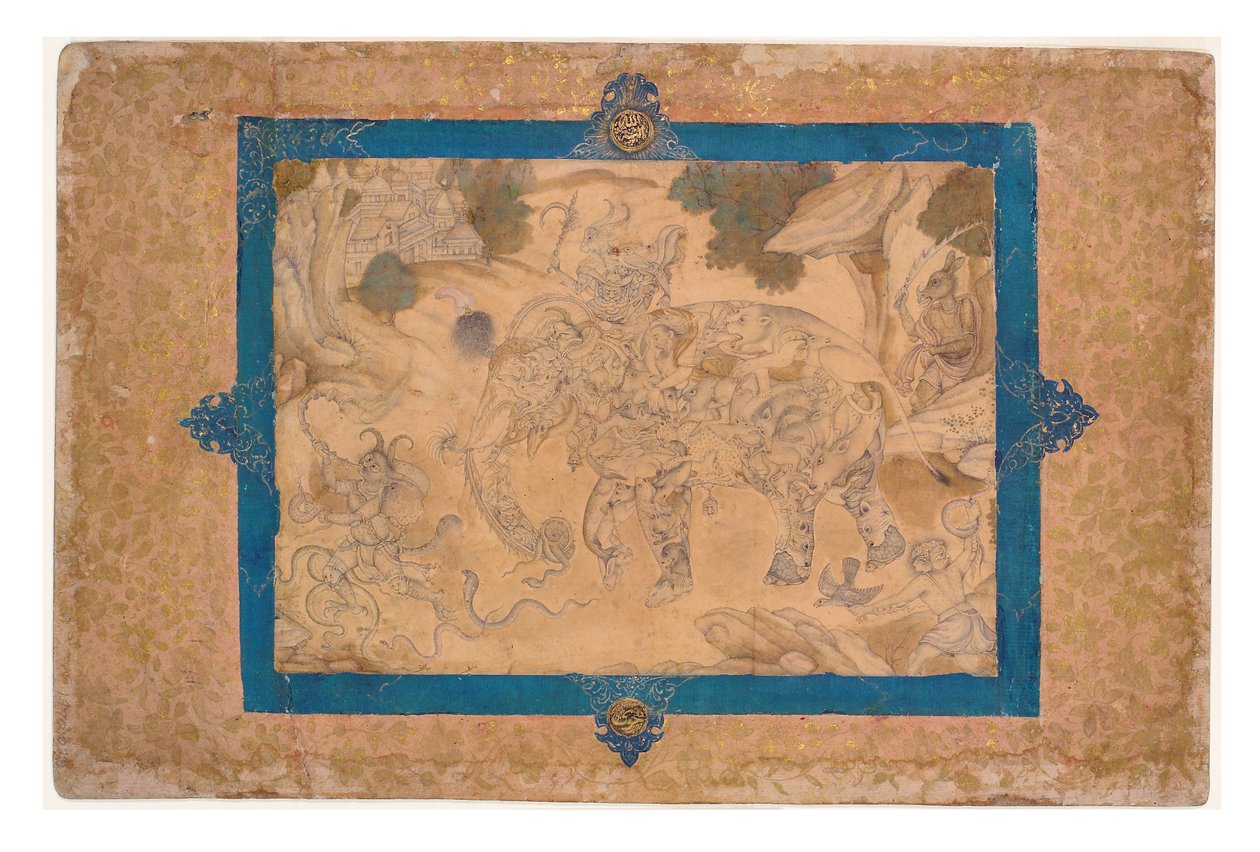 复合大象和其他生物，c.1600（不透明wc＆黄金在纸上） 作者 印度学校