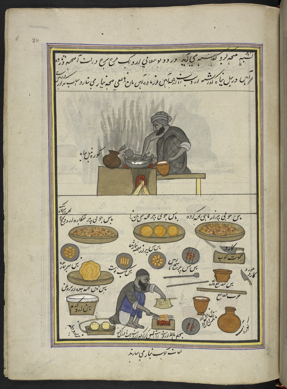 熟食和 kawab 制作者，86 幅图画装订成册，描绘了克什米尔的行业和职业，工匠们带着工具和设备在工作，作者为克什米尔艺术家，可能在斯利那加，约 1850-60 年（纸面水粉画）。 作者 印度学校