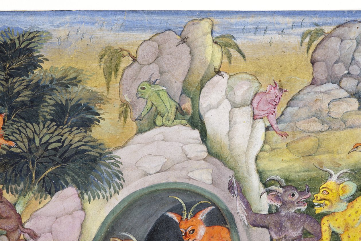 来自狂野景观中的恶魔的细节，c.1600（纸上不透明的wc和黄金） 作者 印度学校