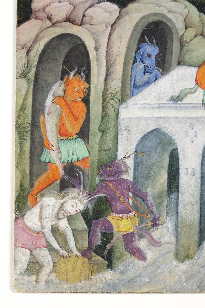 来自狂野景观中的恶魔的细节，c.1600（纸上不透明的wc和黄金） 作者 印度学校