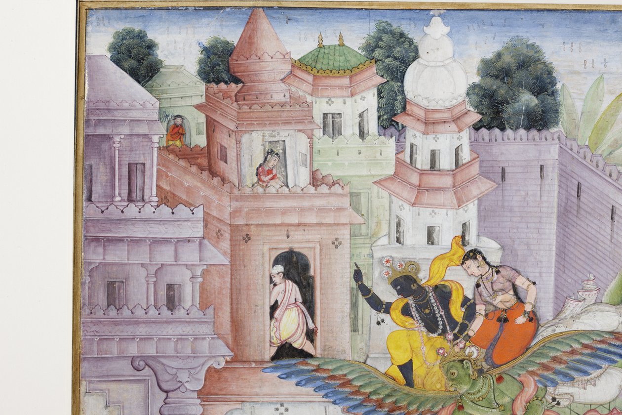来自克里希纳的细节用他的铁饼劈开恶魔Narakasura，c.1585-90（不透明的wc＆黄金在纸上） 作者 印度学校