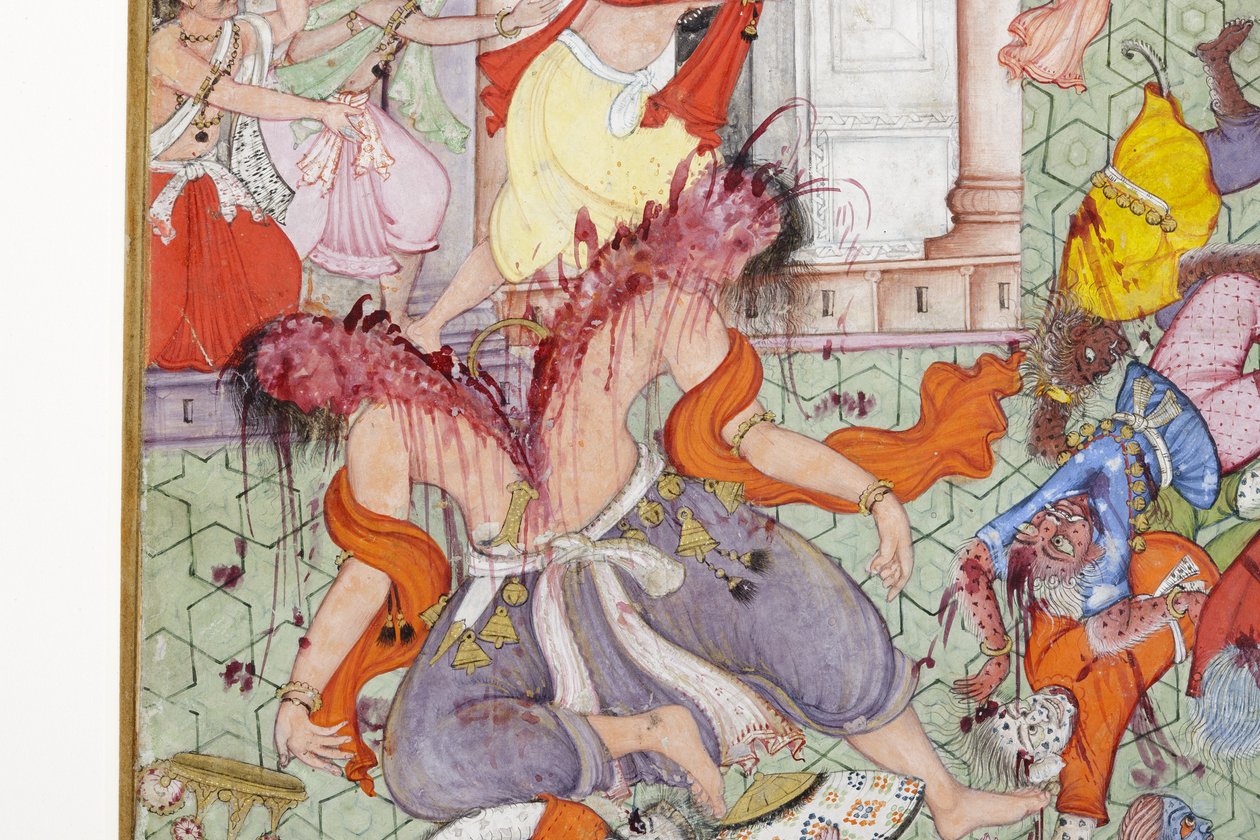 来自克里希纳的细节用他的铁饼劈开恶魔Narakasura，c.1585-90（不透明的wc＆黄金在纸上） 作者 印度学校