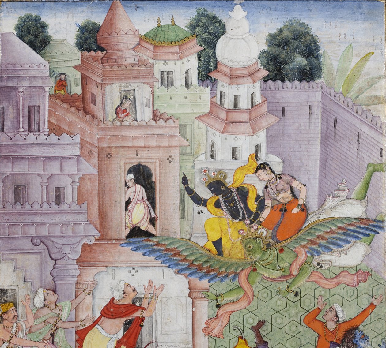 来自克里希纳的细节用他的铁饼劈开恶魔Narakasura，c.1585-90（不透明的wc＆黄金在纸上） 作者 印度学校
