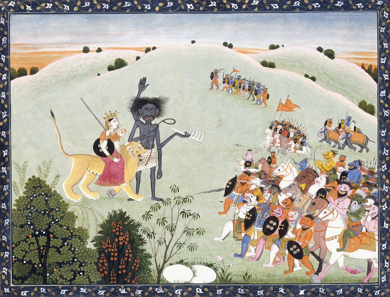 杜尔加（Durga）和卡利（Kali）站在恶魔的前进主人面前，约1800-1820年 作者 印度学校