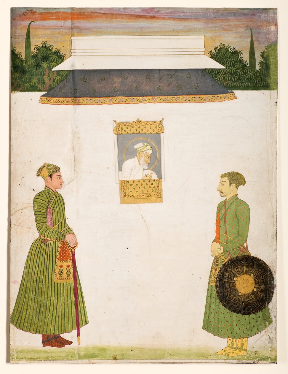 皇帝Aurangzeb在jharokha窗口，前景中的两个贵族，c.1710（纸上不透明的黄金） 作者 印度学校