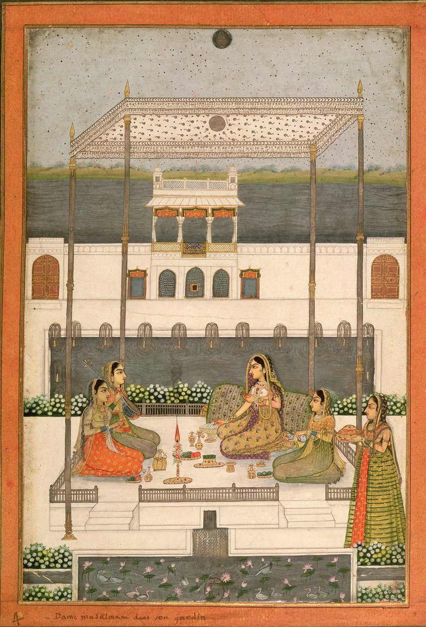 晚上在莫卧儿宫殿，拉克瑙或Murshidabad，西孟加拉邦，1760年的花园举行派对 作者 印度学校