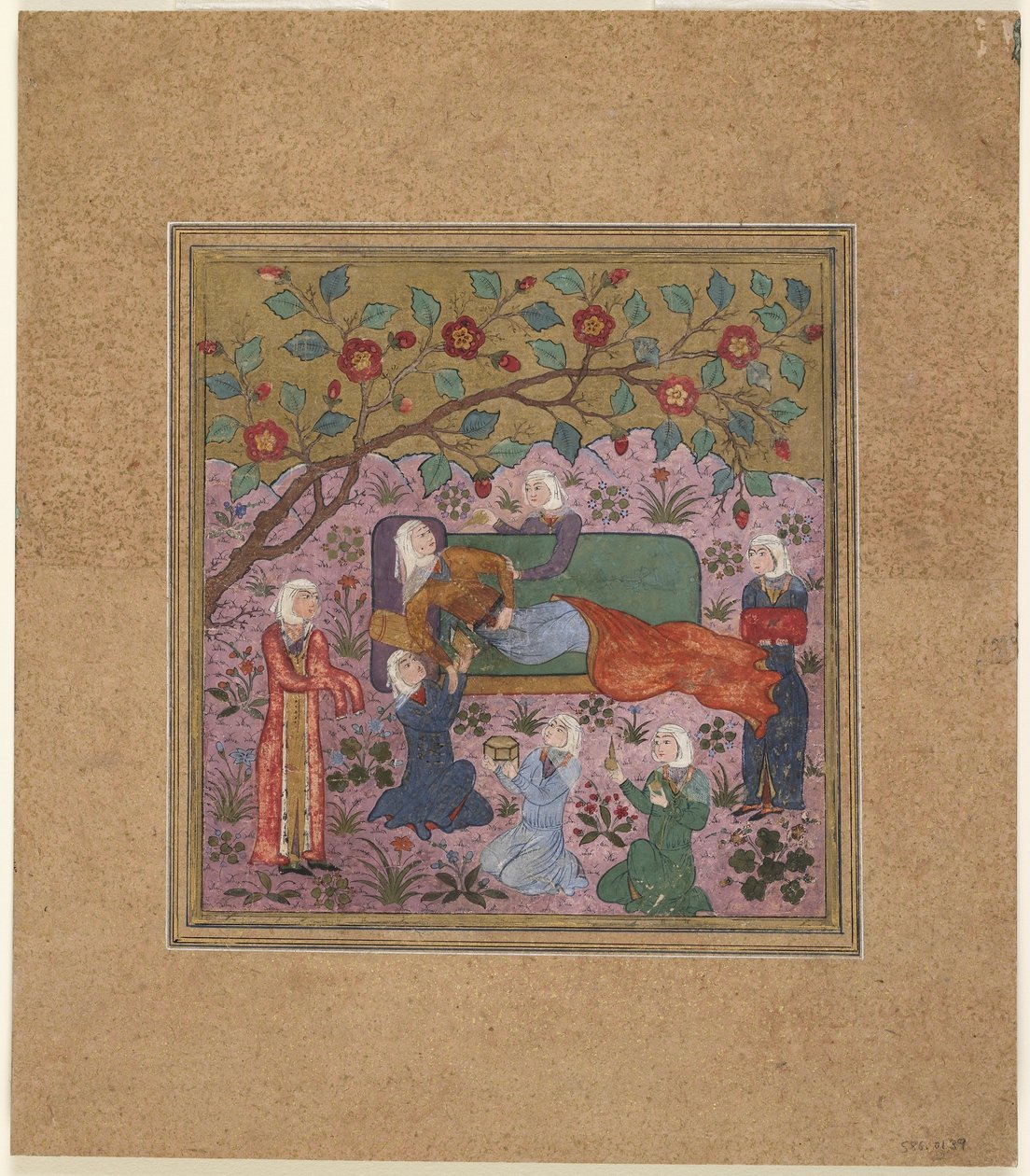 来自Firdawsi的Shahnama（国王之书）的Folio（第1020页）;一个斜倚的女人被服务员包围（不透明的水彩，墨水和黄金在纸上） 作者 印度学校