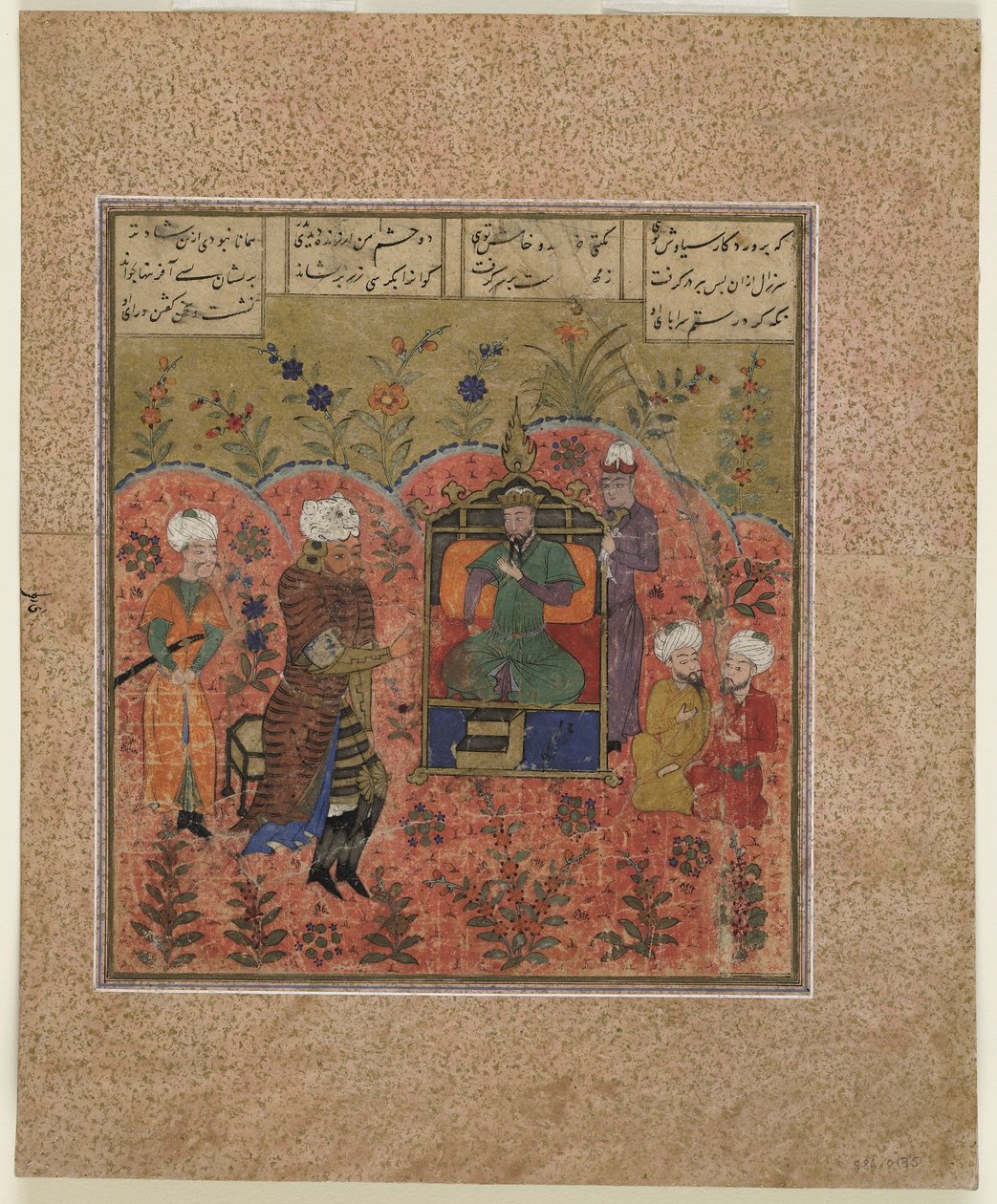 来自Firdawsi的Shahnama（国王之书）的Folio（第1020页）; Kay Kaus之前的Rustam（不透明的水彩，墨水和纸上的金色） 作者 印度学校