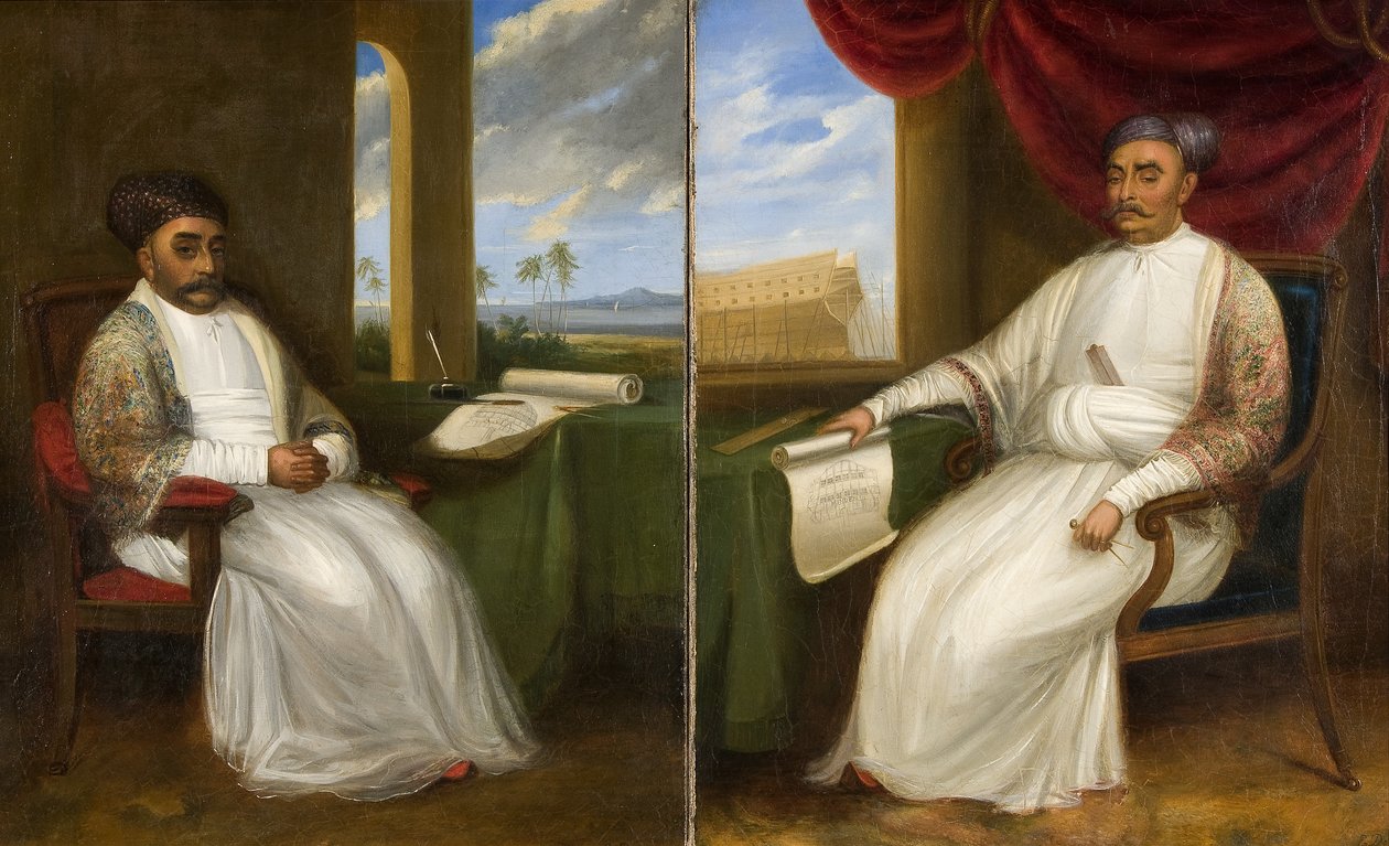 Parsi Master-Shipbuilder Jamsetjee Bomanjee及其儿子Nourojee Jamsetsee的全长肖像，1830年 作者 印度学校