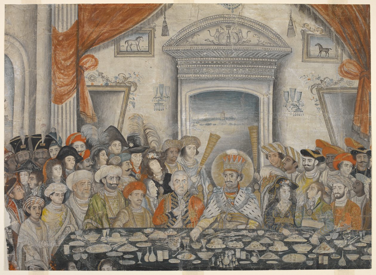 Ghazi-al-din Haidar（纳瓦布，1819 年后为乌德国王，1814-27 年）在其宫殿内宴请莫伊拉勋爵和夫人，约 1820-22 年（手稿） 作者 印度学校