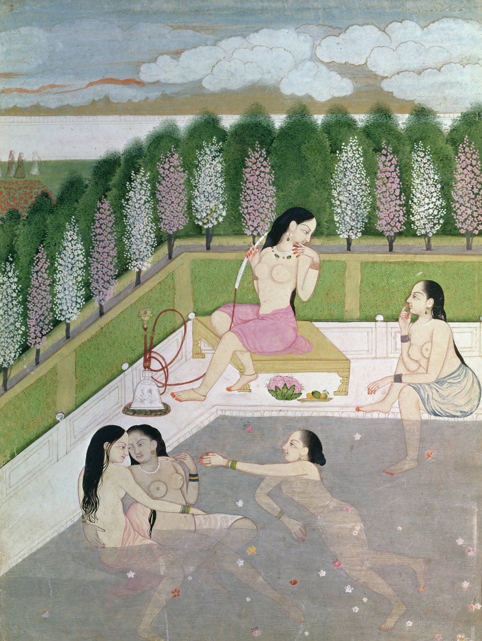 女孩沐浴，Pahari风格，Kangra学校，Himachel Pradesh，18世纪 作者 印度学校