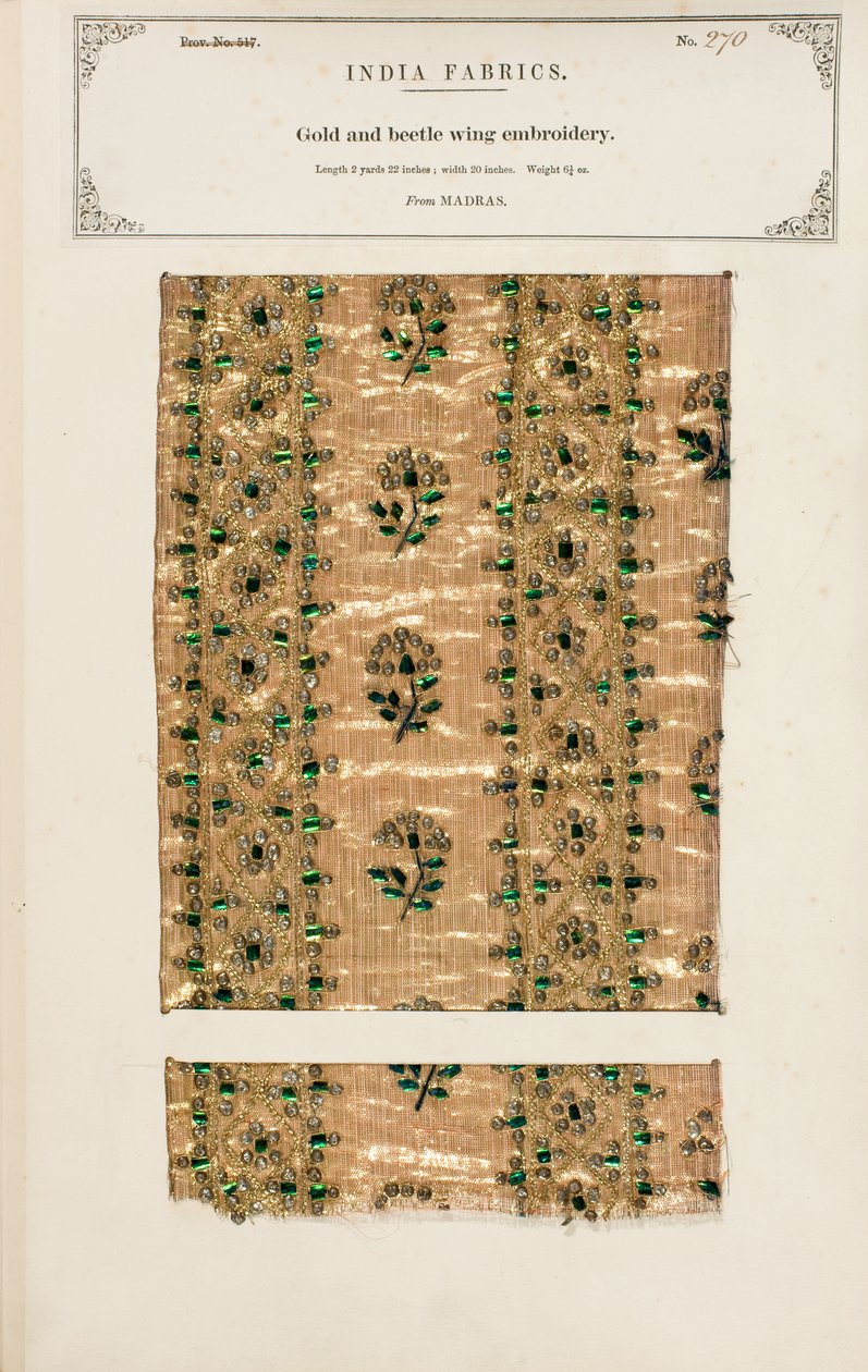 马德拉斯的金甲虫翅膀刺绣样本，来自约翰·福布斯·沃森 (John Forbes Watson) 于 1866 年出版的“印度纺织品制造商收藏”（混合媒体） 作者 印度学校