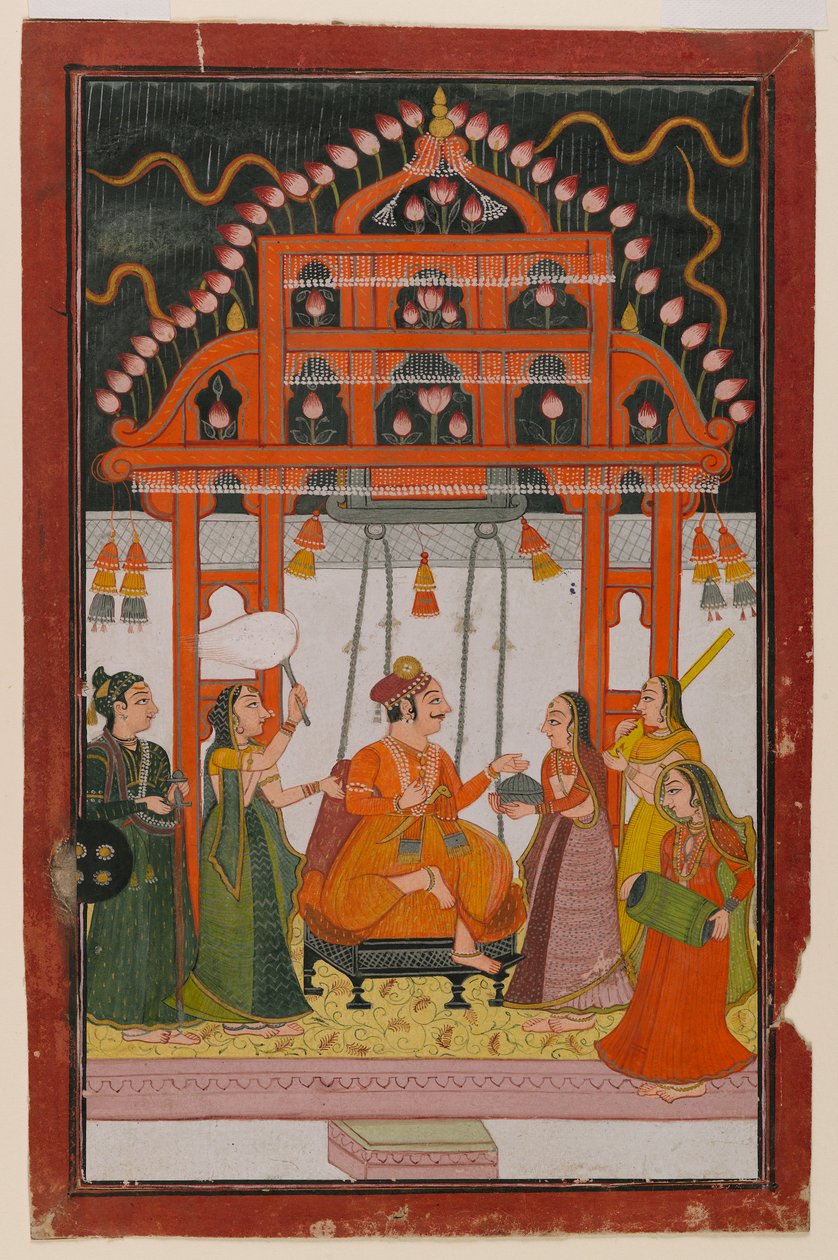 Hindola Raga，来自分散的Ragamala系列，第1830页（纸和纸上的金属涂料） 作者 印度学校