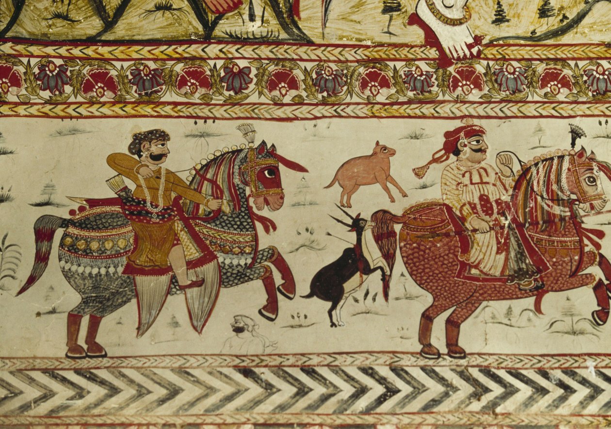 狩猎场景，Laxminarayan寺庙，印度中央邦乌尔恰（Orchha）（壁画）。 作者 印度学校