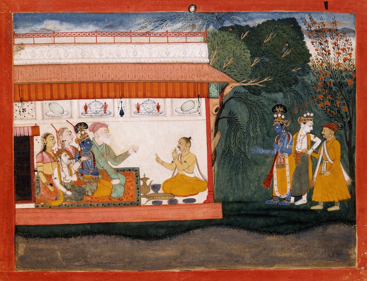 Bhagvata Purana的插图描绘了巴拉拉玛与他的弟弟克里希纳手牵着Akrura，约1700年 作者 印度学校