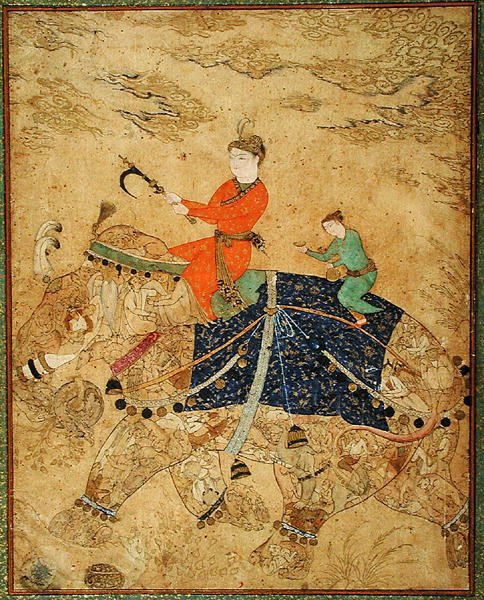 在。11.37r 一位王子骑着大象，约1600年（牛皮纸）。 作者 印度学校